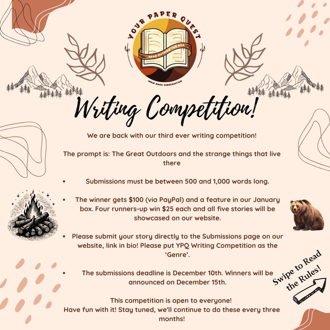 yourpaperquest's tweet image. INDIE WRITING COMPETITION
.
We&apos;re excited to announce that submissions for our third writing competition are now open!
.
Check the images below for more details and happy writing! 🥳
.
Happy to answer any questions that arise too :)