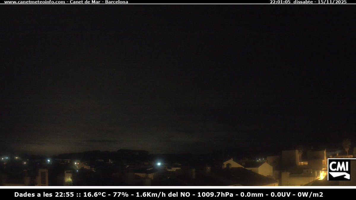 #CMI Canet de Mar
🕒 Hora: 23:00
🌡️ Temp: 16.4ºC
💧 Humitat: 77%
🌬️ Vent: 3.2 Km/h del NNO
📉 Pressió: 1009.6 hPa
🌧️ Precip: 0.0 mm
🔆 UVI: 0.0
☀️ Radiació: 0 V/m2
 📡 ClimaMeteoInfo