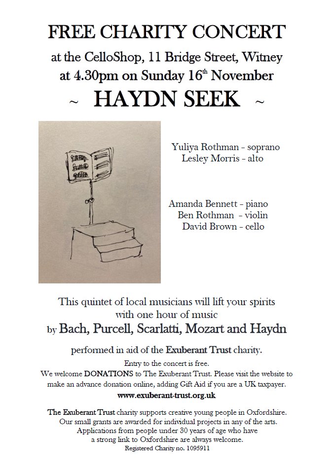 ExuberantTrust's tweet photo. Free concert: 4.30pm, Sunday, 16th October at The Cello Shop, 11 Bridge Street, Witney OX28 1BY. Another chance to hear this uplifting programme of music by Bach, Purcell, Scarlatti, Mozart &amp; Haydn.  Donations to our Oxon Youth Arts grant fund. https://t.co/gCuroiIQYC #witney https://t.co/7K2iwHtFa6