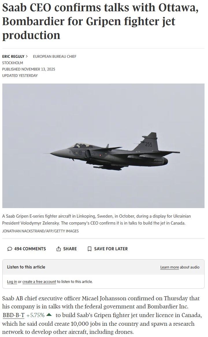 + the King &amp; Queen of Sweden, deputy prime minister, defence minister, and 60 private business members will be visiting Canada Nov 18 - 20.

Weeks after the CEO of  Saab flew to Ottawa for a meeting.

Bye F-35, hello Gripen.

🇨🇦🤝🇸🇪