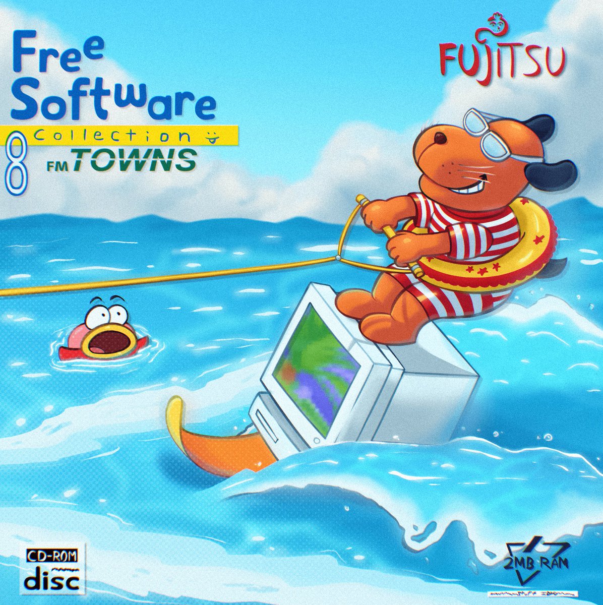 Another fun redraw of the cover art for the FM TOWNS Free Software Collection 8 CD-ROM. 🐶🌊🏄‍♂️