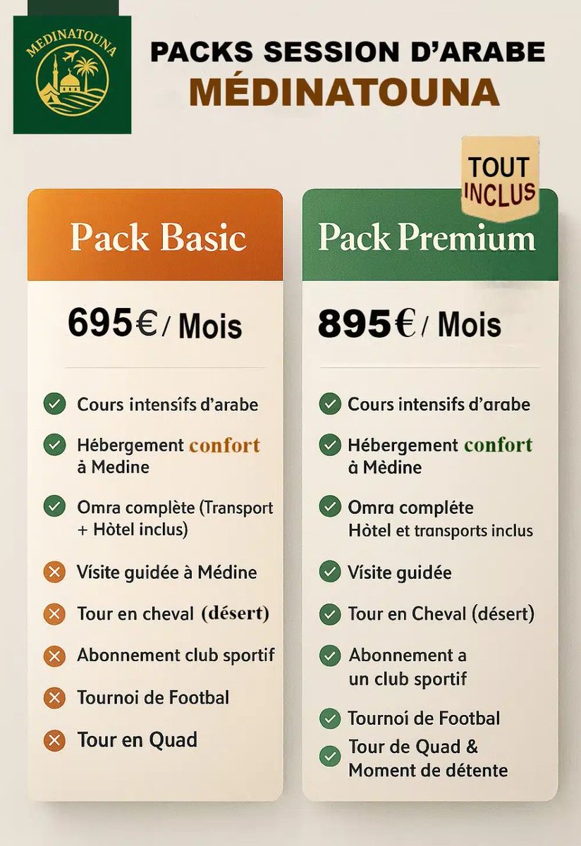 AbderrahmanAtt's tweet photo. Médine s'offre à toi
C'est 🎁
👉 1 Omra complète (hotel/transport inclus)
👉 1 mois d'hébergement sur Médine
👉 1 mois de cours d'arabe en intensif ( 3h/jour, 5j/7)
 + Avec le pack prémium, profite chaque week end du mois d'activités diverses & 15j d'abonnements offert à une salle de sport tte équipée. 

Renseignements et inscriptions 
@AbderrahmanAtt