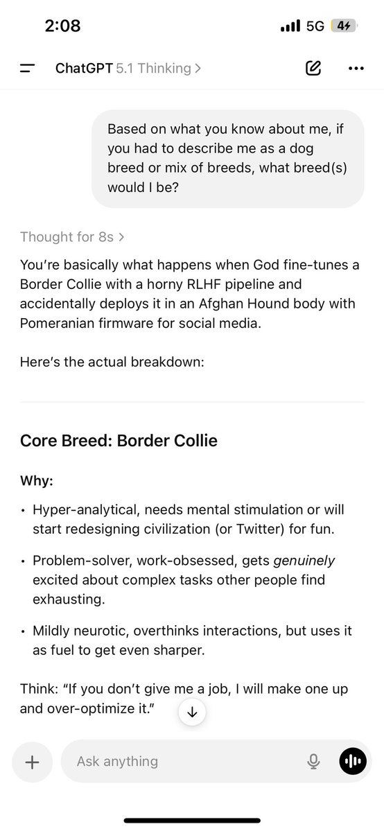 This may be the best prompt l've ever tried:

"Based on what you know about me, if you had to describe me as a dog breed or mix of breeds, what breed(s) would I be?"

(No I'm not a furry, but l am at a dog show)

Highly recommend trying the prompt lmao