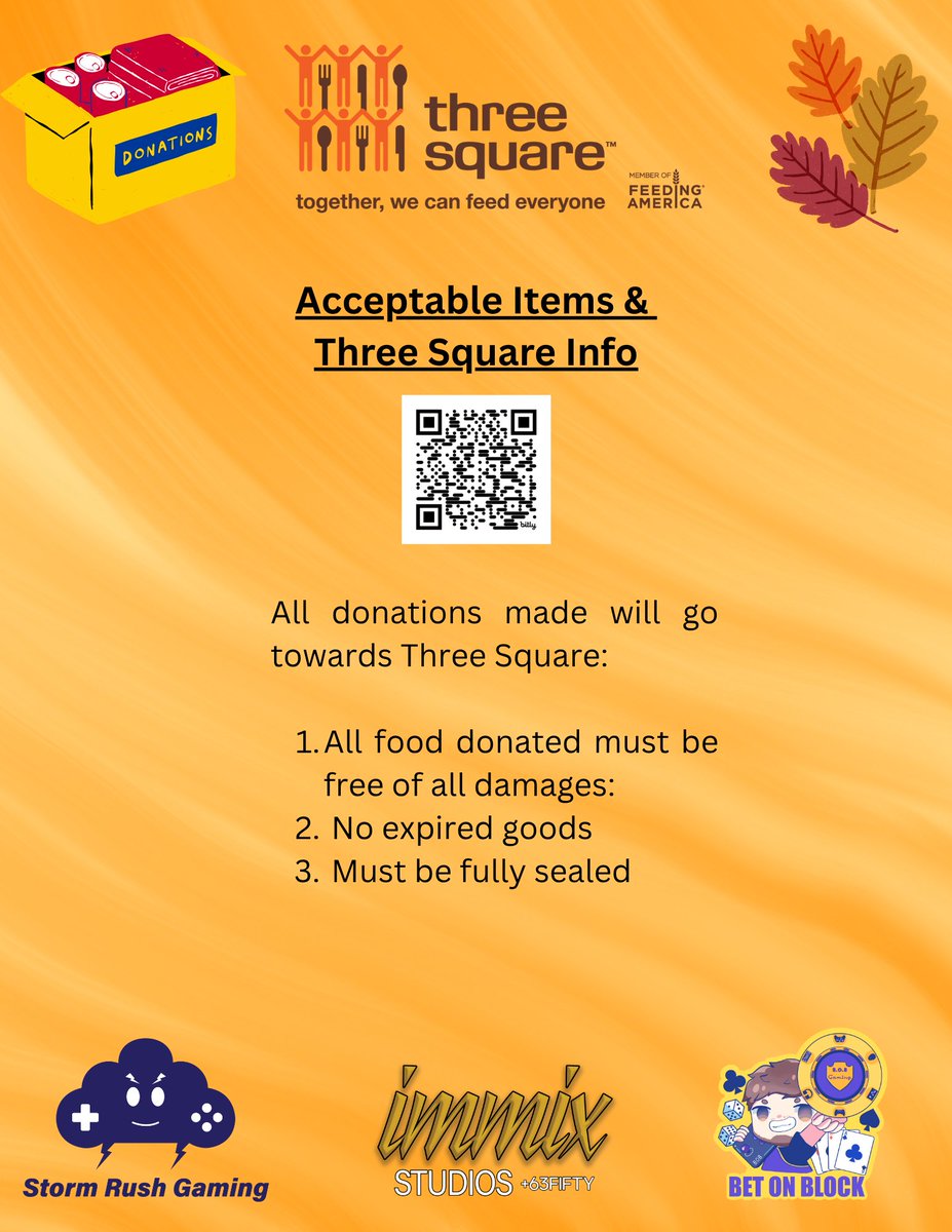 A few reminders for everyone:

⛈️Need to cover your venue fee? Bring in some non-perishable canned food as we help provide some festive positivity through our <a href="/threesquareLV/">Three Square</a> food drive.