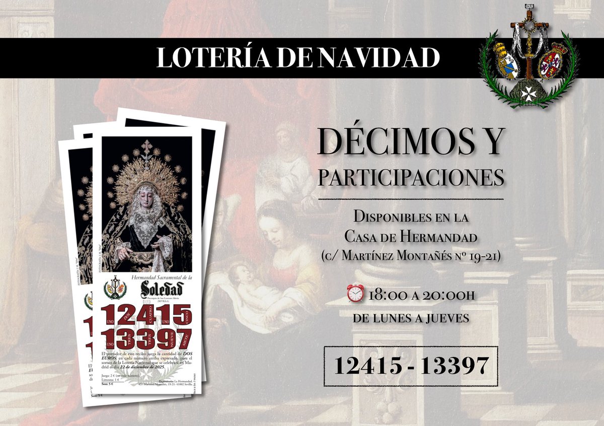 NOTICIAS | Ya disponible la lotería de Navidad para su adquisición en Casa de Hermandad.

Podrán retirarla en horario de 18.00 a 20.00h de lunes a jueves no festivos.
