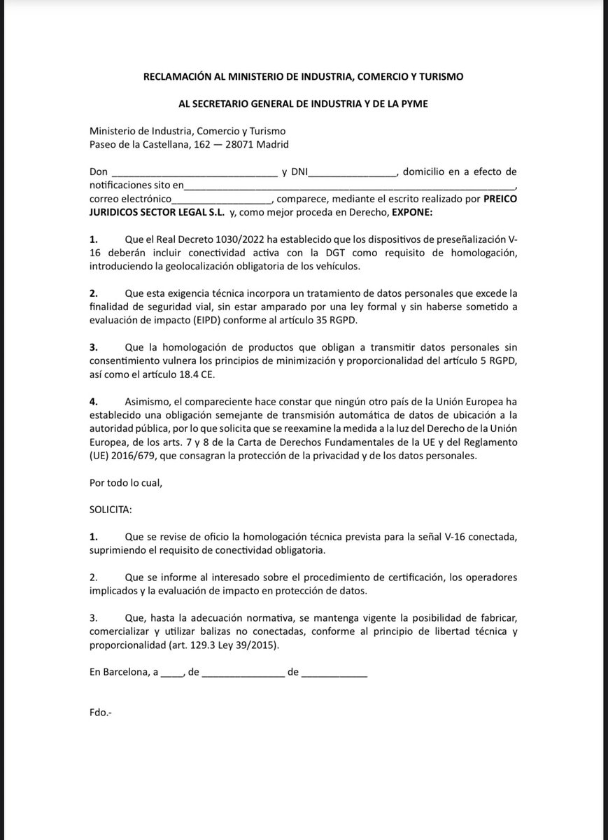 PreicoJuridicos's tweet photo. 1) Reclamación al Ministerio de Industria

Objetivo: Eliminar la obligatoriedad de conectividad para poder homologar balizas. https://t.co/zJdmBzuiJQ