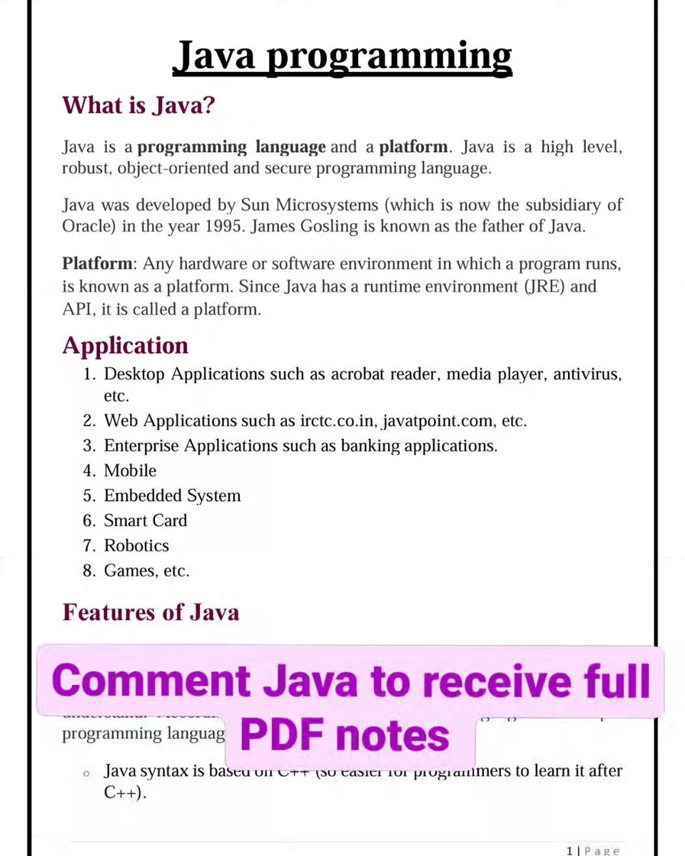Ai_Vaidehi's tweet image. Java is a highly demanded Programming language!

Want to learn Java Basic to Advance?

Here is full Java Notes basic to Advanced! 

Absolutely free (original price is 49$)

To get Free Simply 
Like and repost 
Comment &quot;Java&quot;
Follow (must) so I dm pdf