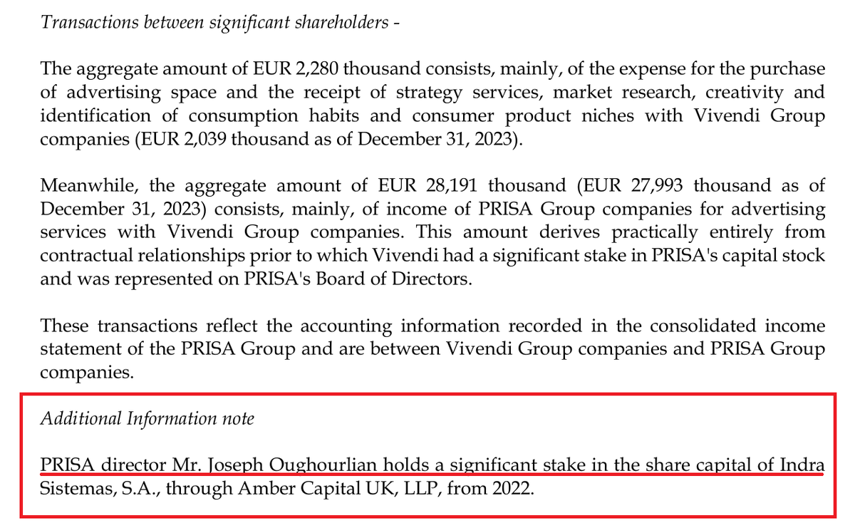 GuillermoRocaf1's tweet image. #URGENTE PUCHERAZO: INDRA y PRISA tienen un MISMO PROPIETARIO 😱⚠️

Son EMPRESAS VINCULADAS por medio del FONDO BUITRE AMBER CAPITAL UK gestionadas por Joseph Oughourlian que tiene participaciones significativas en ambas entidades 👇

Os parece correcto que la empresa que hace el…