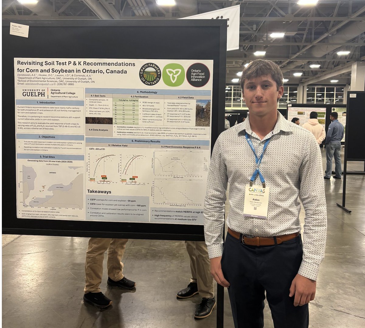 Proud of our MSc student #AidenDendooven presenting early results on revisiting Ontario P&amp;K recs for corn &amp; soybean at #CANVAS in SLC — <a href="/ASA_CSSA_SSSA/">Agronomy, Crop, and Soil Science Societies</a>. Thanks <a href="/GrainFarmers/">Grain Farmers of Ontario</a> and <a href="/AgInnovationON/">Ontario Agri-Food Innovation Alliance</a> for the support!
👉: scisoc.confex.com/scisoc/2025am/…