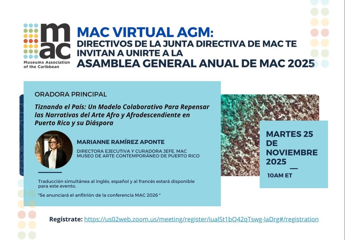 AlianzaMuseosPR's tweet photo. Nuestra presidenta, Marianne Ramirez Aponte, presenta "Tiznando el País: Visualidades y representaciones" en la Asamblea General Virtual de Asociación de Museos del Caribe.

MAR/25/NOV
10AM ET
ZOOM

#MACAGM #MuseosCaribeños #ArteAfro #EventoVirtual #ComunidadMuseística https://t.co/klSGAodtN9