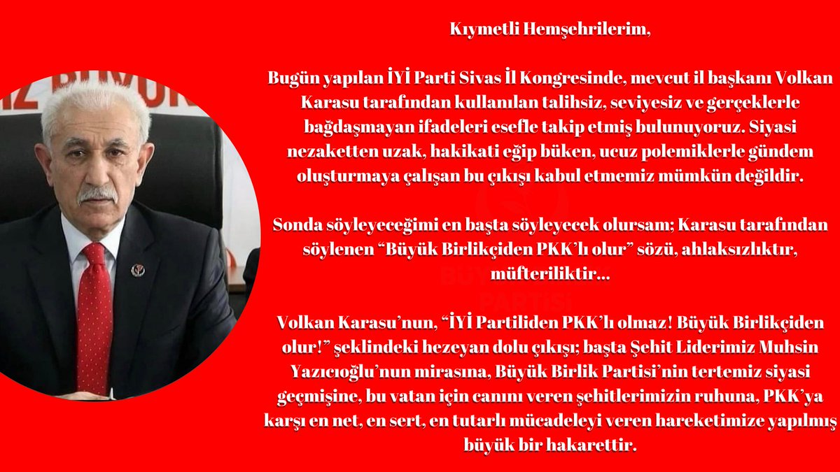 bbpsivasil's tweet photo. Partimizi hedef alan mesnetsiz açıklamalar asla gerçeği yansıtmamaktadır.Büyük Birlik Partisi; ilke, ahlak ve millet duruşundan taviz vermeyen bir harekettir.Kamuoyunu yanıltmaya dönük bu sözlerin hiçbir karşılığı yoktur.

Kamuoyuna saygıyla duyurulur. https://t.co/1rQzZVihuM