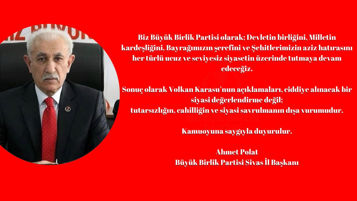 bbpsivasil's tweet photo. Partimizi hedef alan mesnetsiz açıklamalar asla gerçeği yansıtmamaktadır.Büyük Birlik Partisi; ilke, ahlak ve millet duruşundan taviz vermeyen bir harekettir.Kamuoyunu yanıltmaya dönük bu sözlerin hiçbir karşılığı yoktur.

Kamuoyuna saygıyla duyurulur. https://t.co/1rQzZVihuM