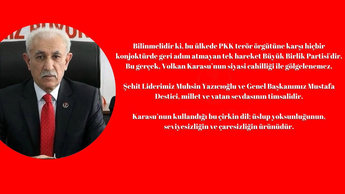 bbpsivasil's tweet photo. Partimizi hedef alan mesnetsiz açıklamalar asla gerçeği yansıtmamaktadır.Büyük Birlik Partisi; ilke, ahlak ve millet duruşundan taviz vermeyen bir harekettir.Kamuoyunu yanıltmaya dönük bu sözlerin hiçbir karşılığı yoktur.

Kamuoyuna saygıyla duyurulur. https://t.co/1rQzZVihuM