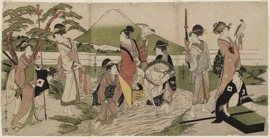 JapanTraCul's tweet photo. Hawking Party in Front of Mount Fuji, by Kitagawa Utamaro, ca. 1800 https://t.co/HgowrduIlj