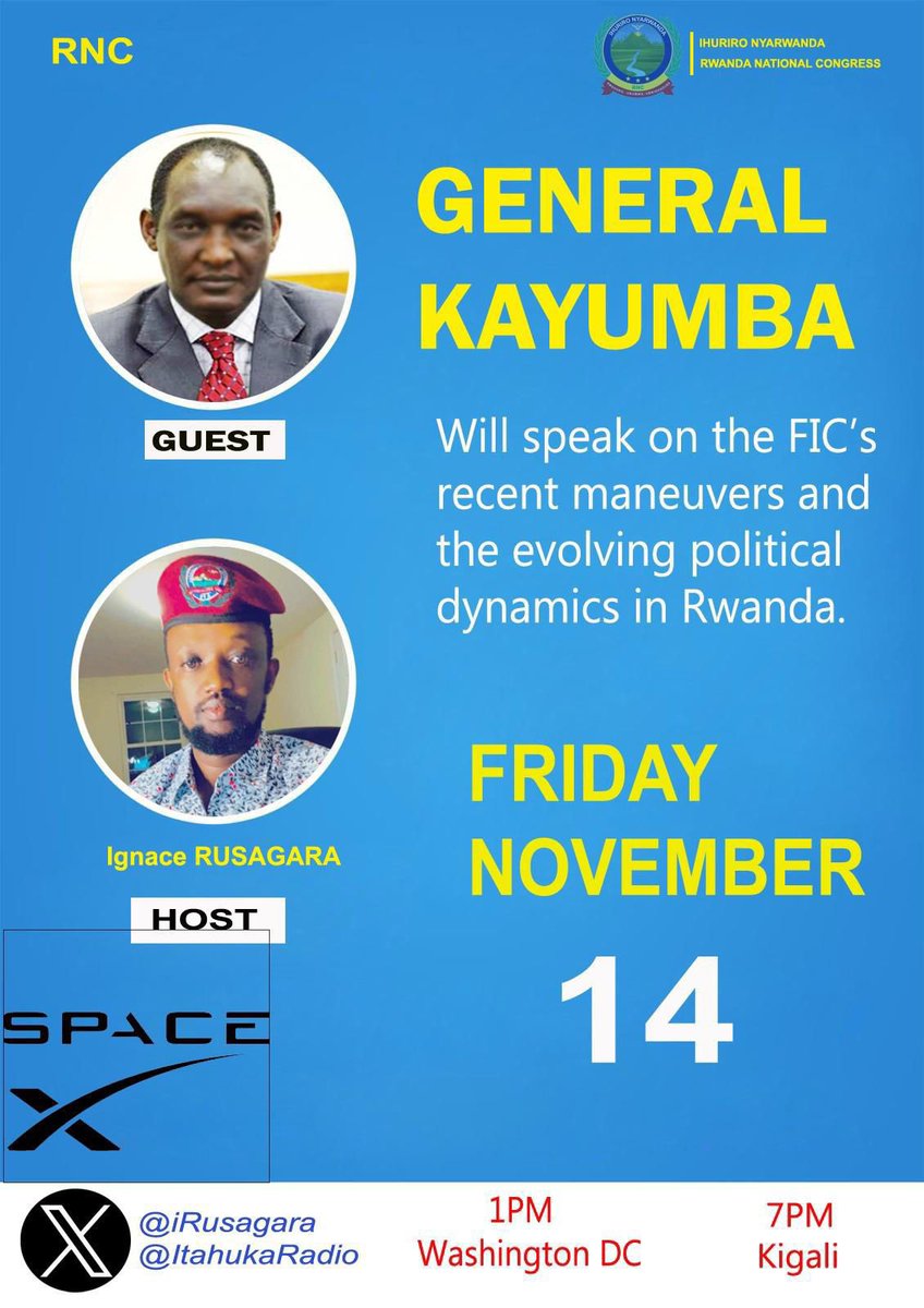 Good evening, 

I tuned into yesterday’s <a href="/Rncongress/">Rwanda National Congress™</a> Space with great attention. Gen. Kayumba Nyamwasa <a href="/NyamwasaKa74707/">Kayumba Nyamwasa</a> invited to share his views on Rwanda’s current political climate. He addressed the recent Unity Club Forum, questioned why his name appeared on the October 14,