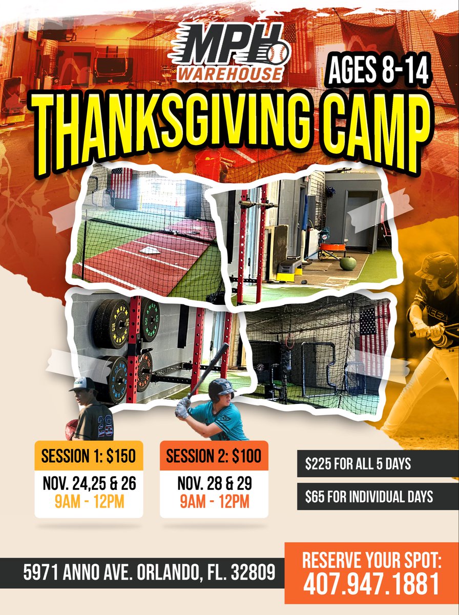 Mph_Warehouse's tweet photo. Registration is OPEN!

- 2 Sessions
- Ages 8-14
- Hitting, Pitching, Fielding, Catching +More 
- Sibling Discounts

407-947-1881 for more information https://t.co/5UyvYj0FxW