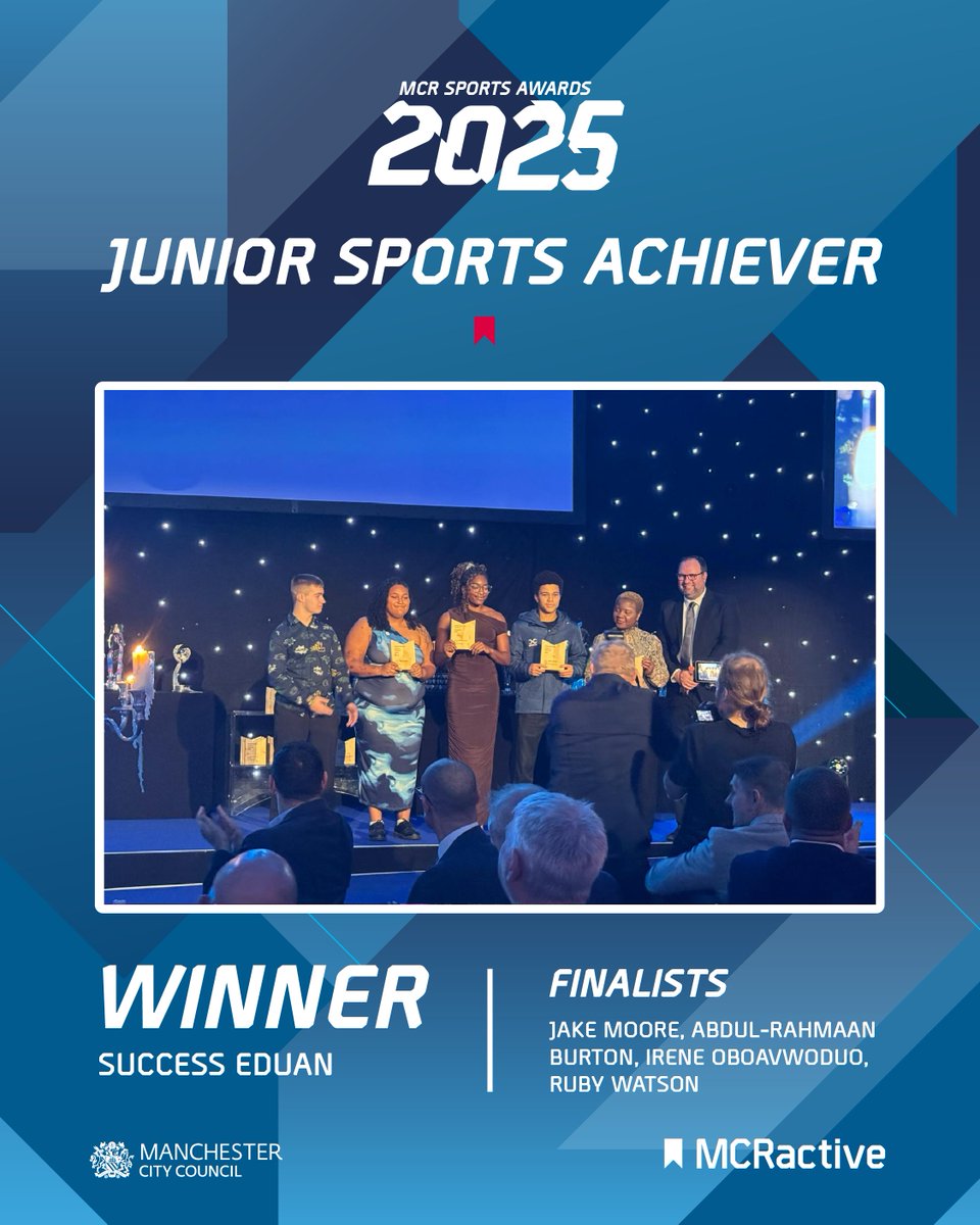 McrSportsAwards's tweet photo. 🏆#MCRSportsAwards | JUNIOR SPORTS ACHIEVER

⭐WINNER - Success Eduan

Finalists: Jake Moore, Abdul-Rahmaan Burton, Irene Oboavwoduo, Ruby Watson

@ManCityCouncil https://t.co/eOxpGVfOPT