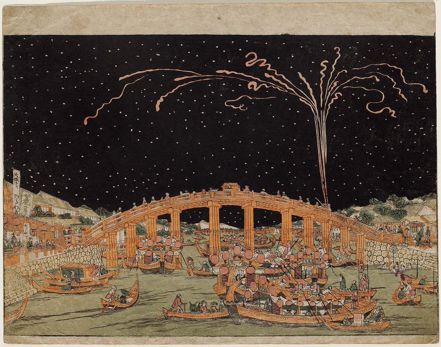 Fireworks Like Flowers in Bloom at Ryogoku Bridge in the Eastern Capital, by Utagawa Toyoharu, 1770s