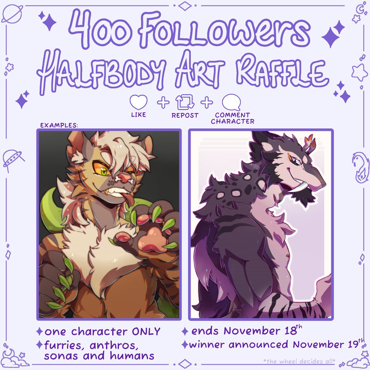 ✨️400 FOLLOWER ART RAFFLE✨️
🎉🎊🥳🎆
it's raffle time baby ^-^

Thank you all SO much for your patience, support and kindness for my inconsistent nonsense 😭 I DON'T DESERVE YOU

To celebrate this milestone, I'm hosting another halfbody art raffle!!!✨️