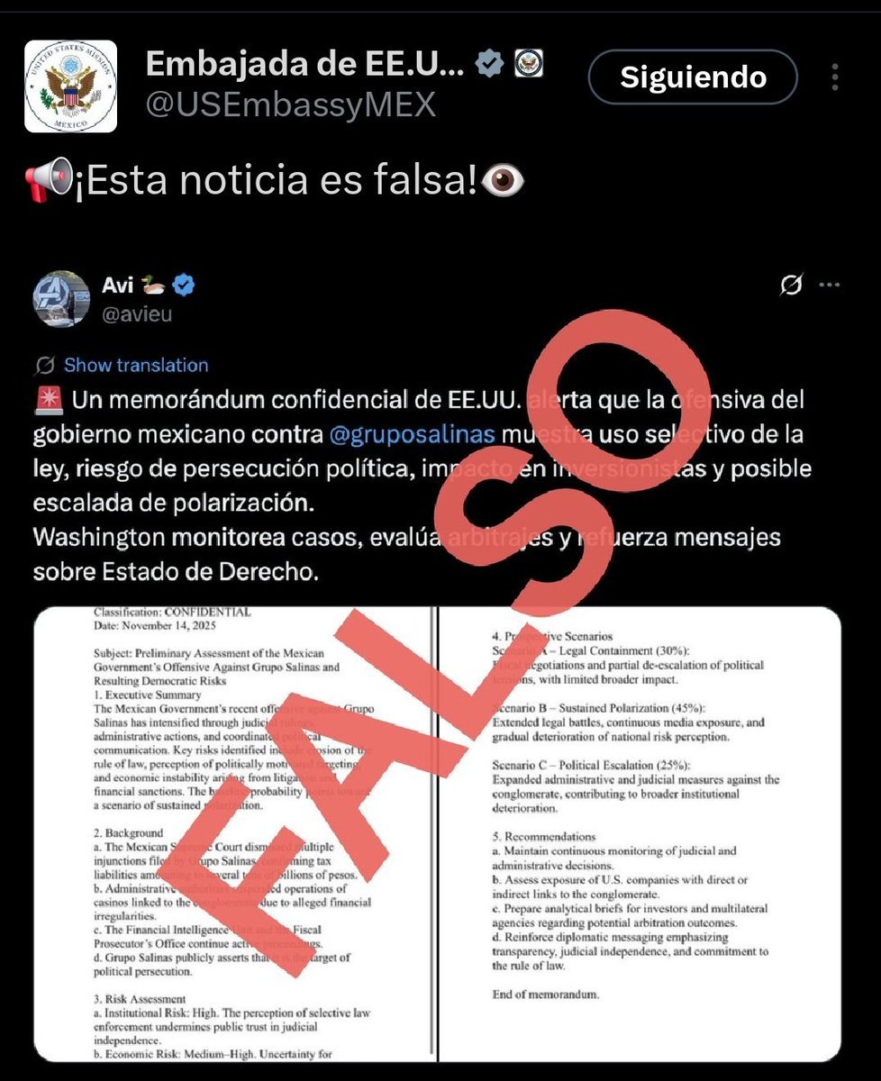 quorum_mx's tweet image. 📣🚨🤔 La embajada de #EUA, califica de #falsa la publicación difundida por la #derecha, en la que presuntamente el #gobierno de #EstadosUnidos consideraba al #empresario Salinas Pliego un perseguido de #México;  esto debido al #cobro de los #impuestos que debe #GrupoSalinas