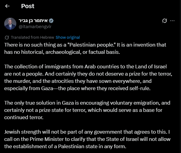 clashreport's tweet image. Israeli National Security Minister Ben-Gvir:

There is no such thing as a &quot;Palestinian people.&quot; It is an invention that has no historical, archaeological, or factual basis.

The collection of immigrants from Arab countries to the Land of Israel are not a people.

The only true…