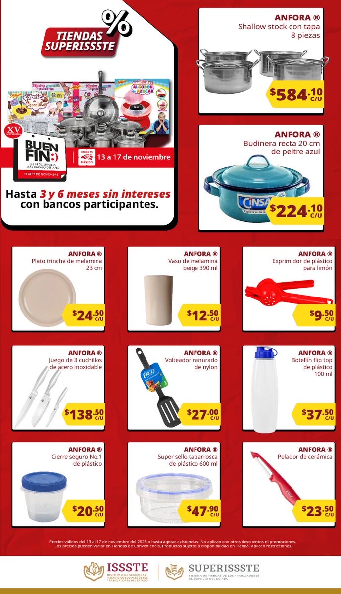 TUSUPERISSSTE's tweet image. 🛒✨Aprovecha los últimos días del Buen Fin en Tiendas #SUPERISSSTE

Todavía estás a tiempo de llevarte más de 900 productos con descuentos, promociones especiales en juegos educativos, slime y sets de magia…
Hasta baterías de cocina, utensilios, melamina y mucho más.

Además,…