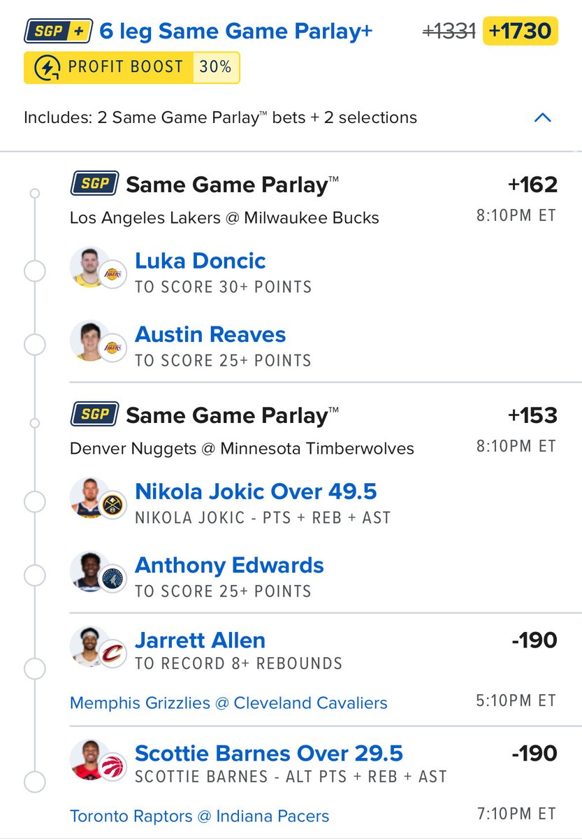 🏀NBA Parlay 

Cooked up a 6-leg NBA heater tonight 🤯💰

Luka &amp; Reaves going OFF w/o Rui, Jokic doing Jokic things, Ant-Man lighting it up, Allen boards, Barnes stuffing the stat sheet. Who sells? No one? Cool. 

🔗: tinyurl.com/2m2b92wv