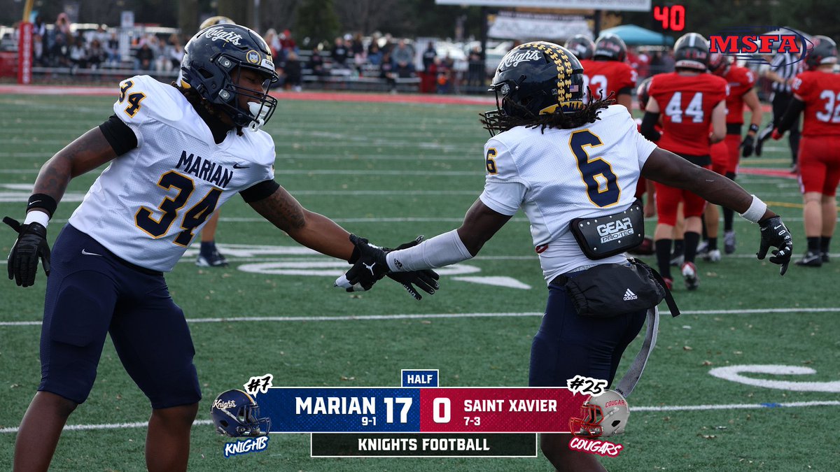 MUKnights's tweet photo. fyi… the halftime score that never posted for @MarianUFootball 

PJ Huff breaks up a pass to force a Cougar punt on their second drive

Marian 24-0 SXU

12:37 3Q https://t.co/LujZpVc7Gh