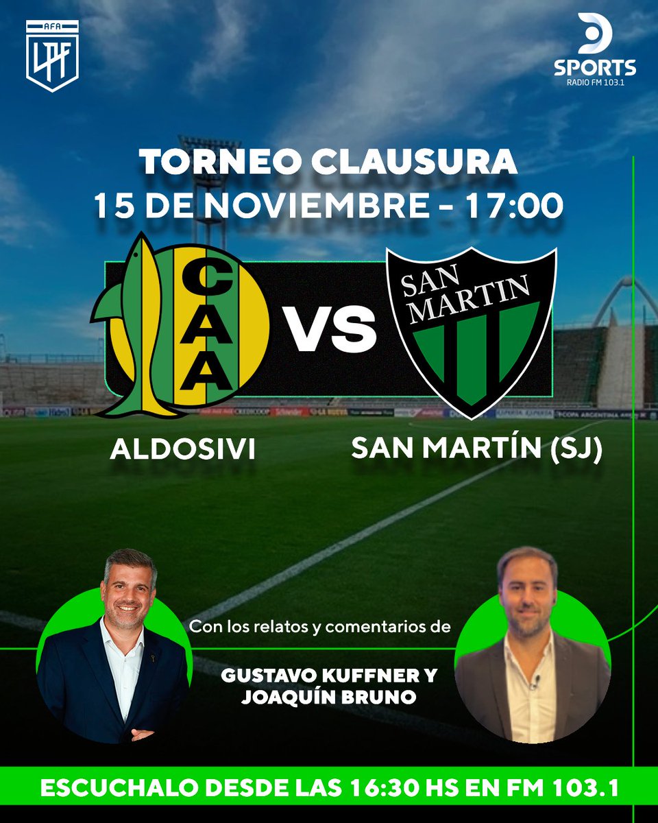 Una definición apasionante en <a href="/DSportsRadio/">DSports Radio 103.1 FM</a> 103.1 
#TorneoClausura 
#Aldosivi #SanMartinSJ 
Junto a <a href="/GustavoKuffner/">Gustavo Kuffner</a> <a href="/Jbruno84/">Joaquín Bruno</a> <a href="/ezehoeffner/">Ezequiel Hoeffner</a> y <a href="/EstebanSassi/">esteban sassi</a> 
Y seguimos todo lo que pasa en #GodoyCruz #Riestra junto a <a href="/JoniiGramuglia/">Jonatan Gramuglia</a>