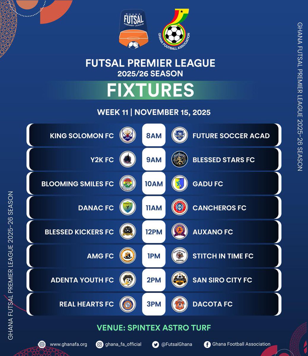 ⚡ Matchday 11 is here!

#FutsalPremierLeague 🏆
#GPLFutsal | #Matchday5 | #FutsalGhana