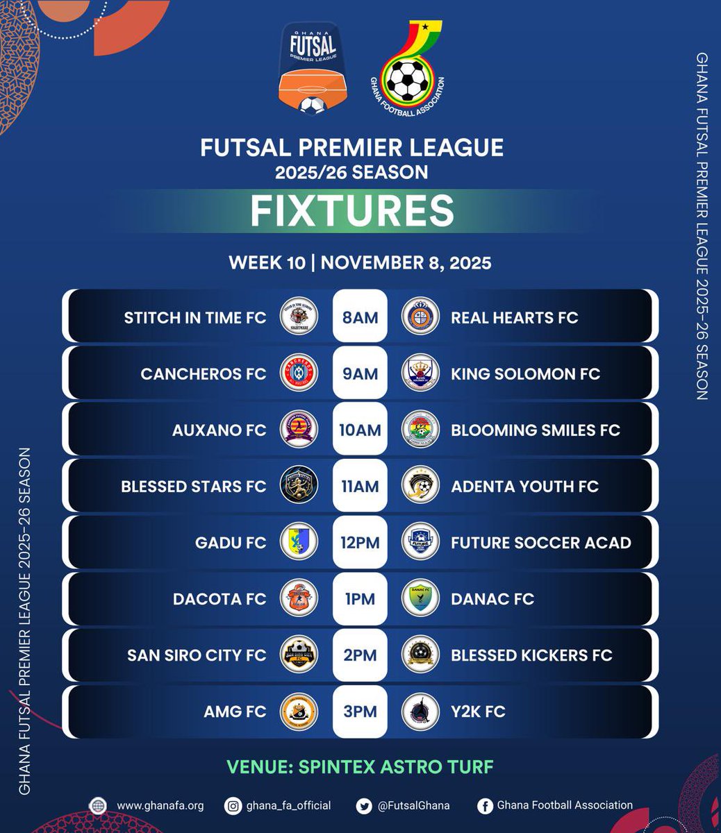 ⚡ Matchday 10 is here!

#FutsalPremierLeague 🏆
#GPLFutsal | #Matchday5 | #FutsalGhana