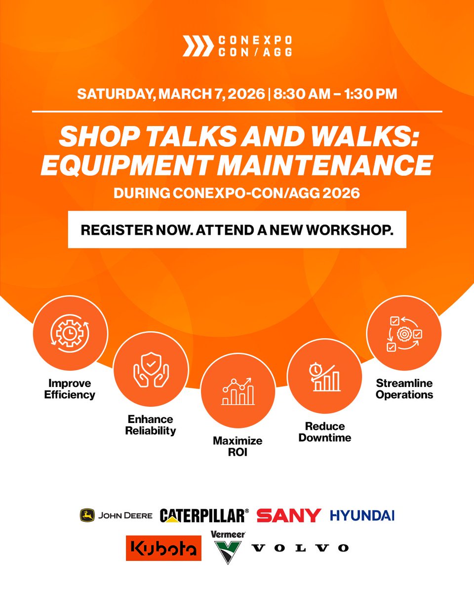 conexpoconagg's tweet image. 👀 NEW at CONEXPO-CON/AGG 2026!
Introducing Shop Talks &amp;amp; Walks — an immersive workshop for pros who want to get hands-on with live equipment demos, and learn straight from experts on how to cut downtime, lower costs, and boost safety.

Seats are limited! bit.ly/4ovT50q