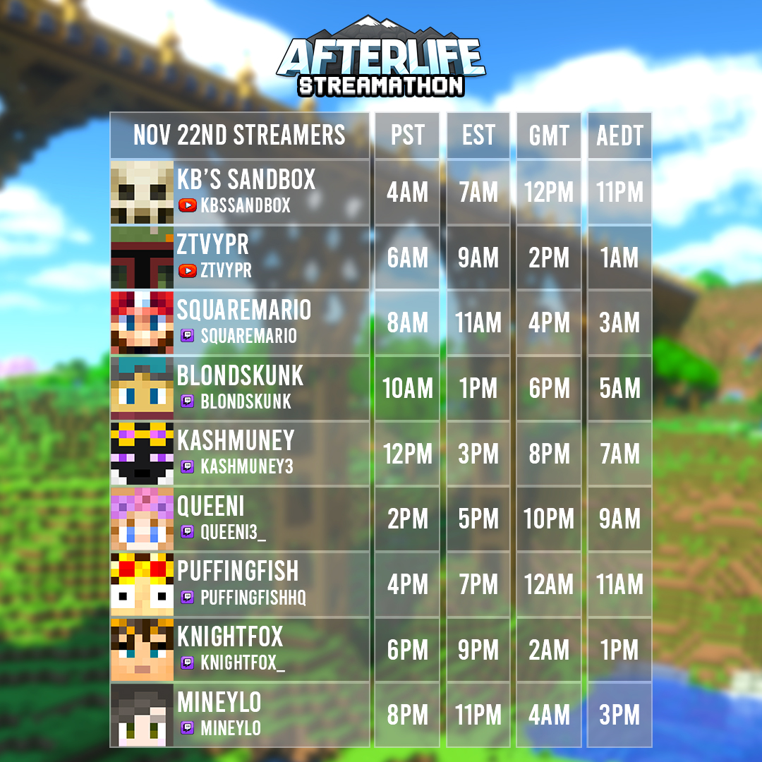 AfterLifeSMP's tweet image. Get ready for the biggest day in AfterLife history! 🎉 Nov 22nd is not just the premiere of Season 6 eps, it&apos;s the return of the Streamathon!

Join 9 creators throughout the day for BTS, reactions, &amp;amp; launch day fun. Check the schedule! 👇
#Minecraft #MinecraftServer #MinecraftSMP