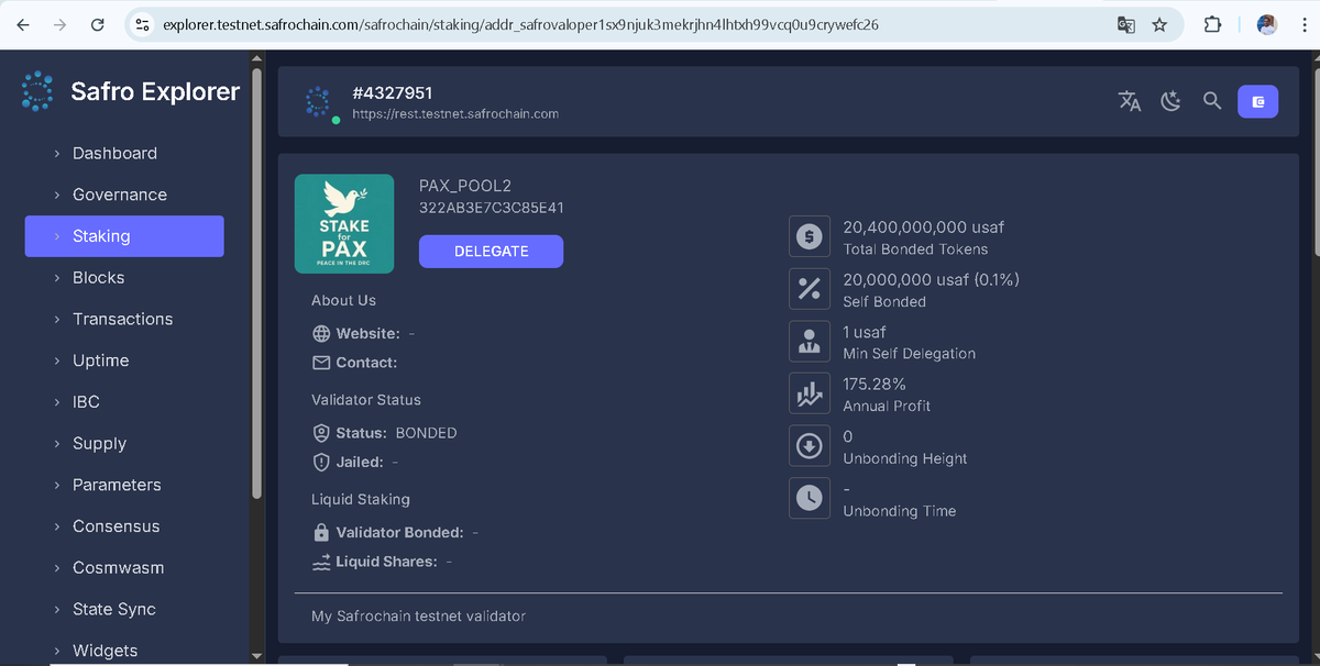 Are you participating in <a href="/safrochain/">Safrochain</a> via Safrochain Hub? 
If so, remember to delegate to our validators PAX or PAX_POOL 2: "This will help strengthen your reputation and earn points in the Initial Staking mission"
Together, let’s help Safrochain grow!
