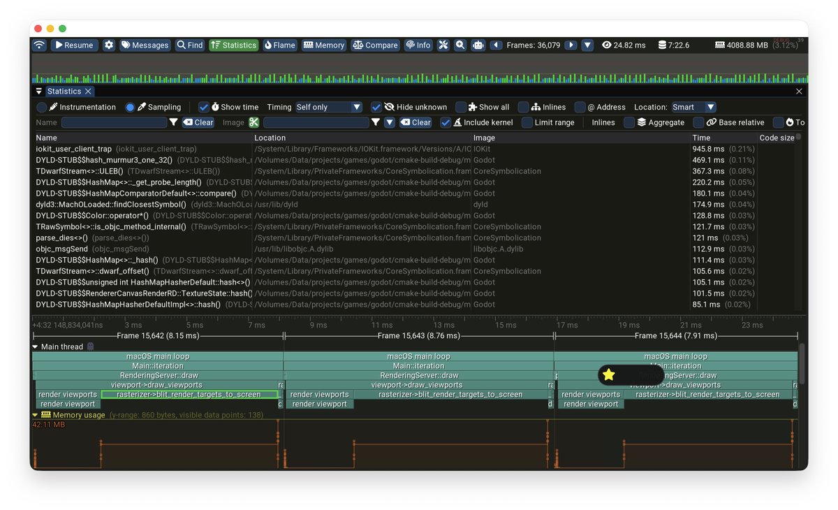 I am doing a thing with Tracy Profiler on macOS

Tracy Client improvements
✅Full symbolication (CoreSymbolication)
✅Call-stack sampling

Tracy Profiler (UI) improvements
✅Native Metal rendering and macOS native version
✅Multi-window support

I'd like to upstream changes