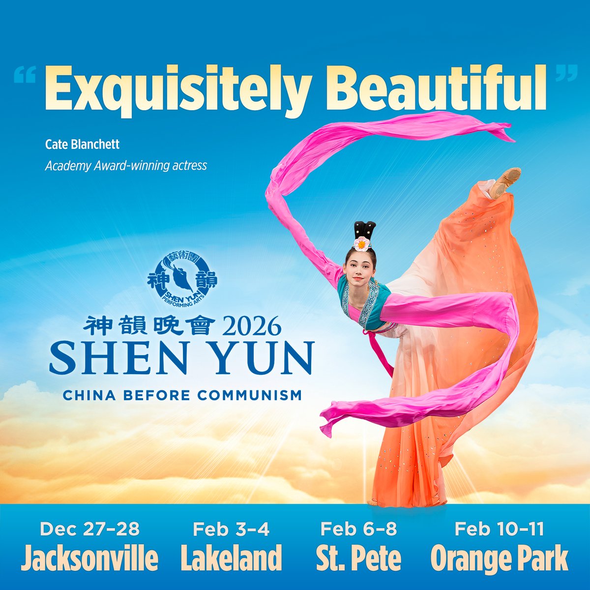 ShenYun's tweet photo. Don't let her drag you to another boring show. See this instead.

Jaw-dropping acrobatics,
heart-pounding martial arts,
and gravity-defying flips.
 
Experience 5,000 years of divine culture come alive.

Breathtaking Artistry in Motion–
Shen Yun 2026