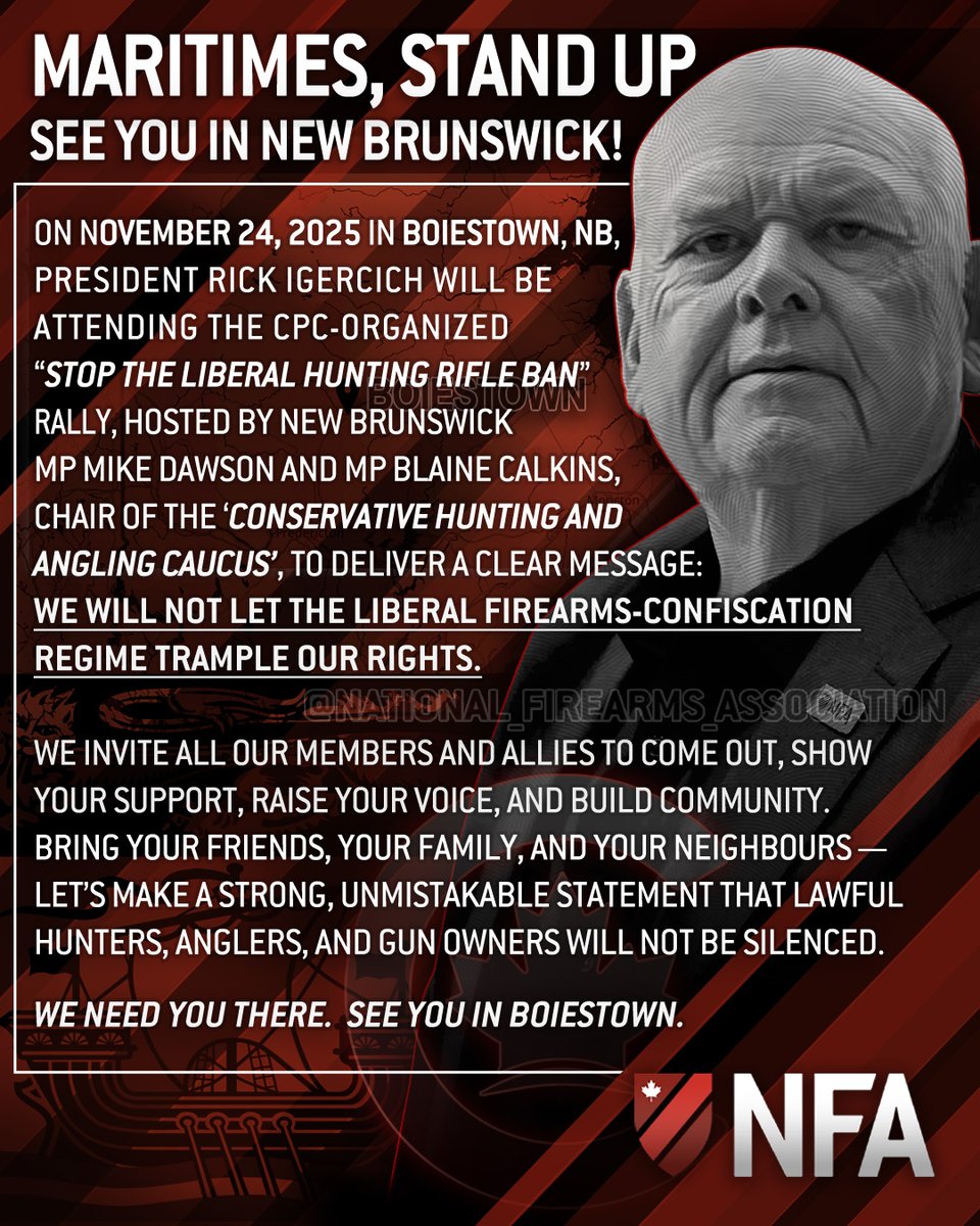 CanadasNFA's tweet image. On November 24, at 4:00 pm, Boiestown becomes the voice of the Canadian Firearms Owners.

Come stand with President Rick Igercich - @RICK_NFAONTARIO , our allies, and fellow rights and freedoms activists to oppose the Liberal firearms-confiscation agenda.

Standing with Mike…