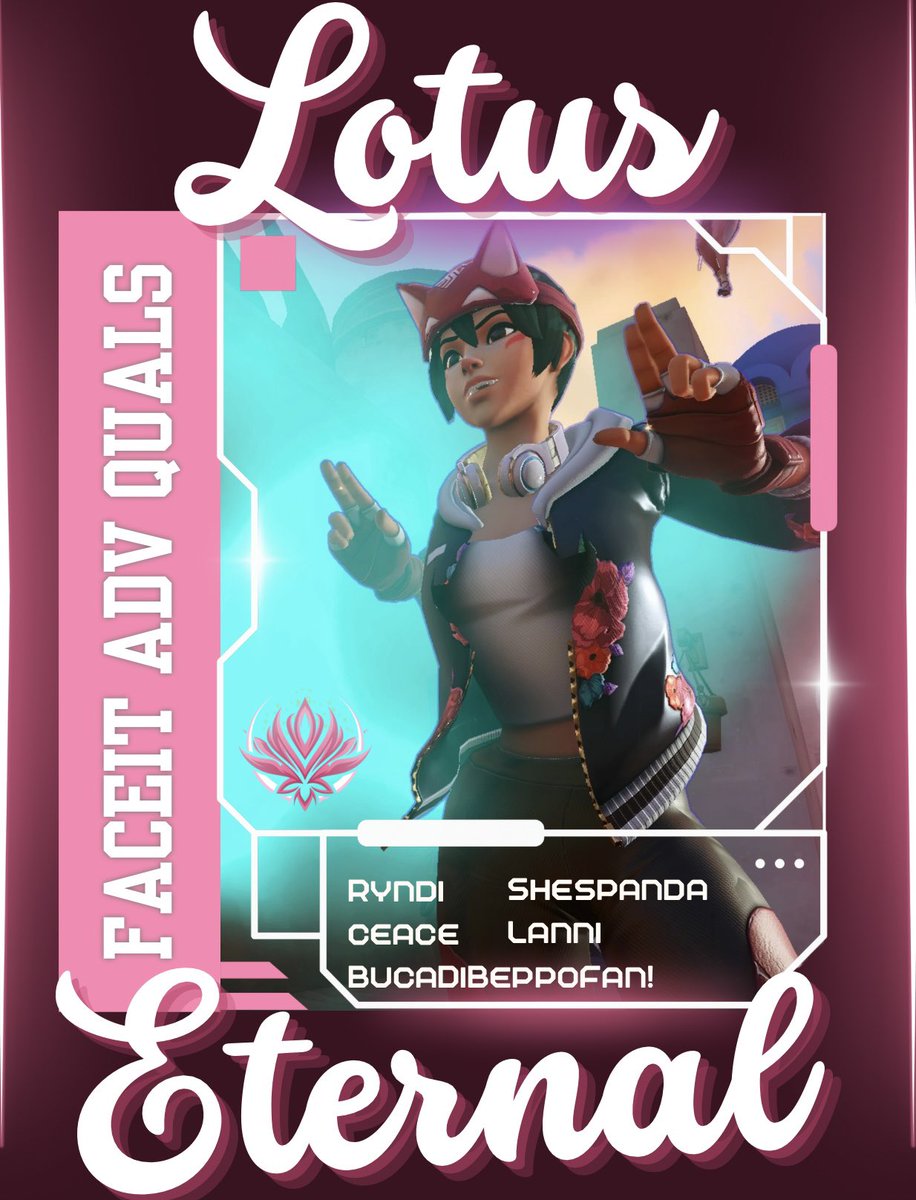 Wishing our Lotus Eternal members a Blooming Victory 🪷 this weekend as they take on Faceit Advanced Qualifiers! 
#TeamLotus <a href="/FACEIT/">FACEIT</a> 
~
Tank: Ryndi
Dps: Ceace
Dps: BucaDiBeppoFan
Supp: <a href="/ShesPandaOW/">ShesPanda</a> 
Supp: Lanni 

💼 &amp; 🎨 <a href="/Whiskey97_OW/">Whiskey</a>