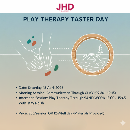 We are delighted to invite you to an enriching Play Therapy Taster Day with JHD Training. This Continuing Professional Development course, offers counsellors and therapists a valuable hands-on introduction to creative communication techniques.
 
Book here bit.ly/4oRF9O2