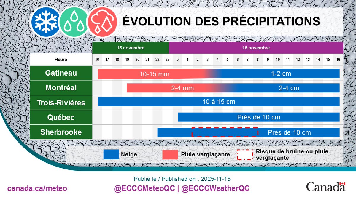 Voici un aperçu des types de précipitations attendus jusqu’à demain pour les principales villes du sud et du centre du Québec.
#meteoQC
