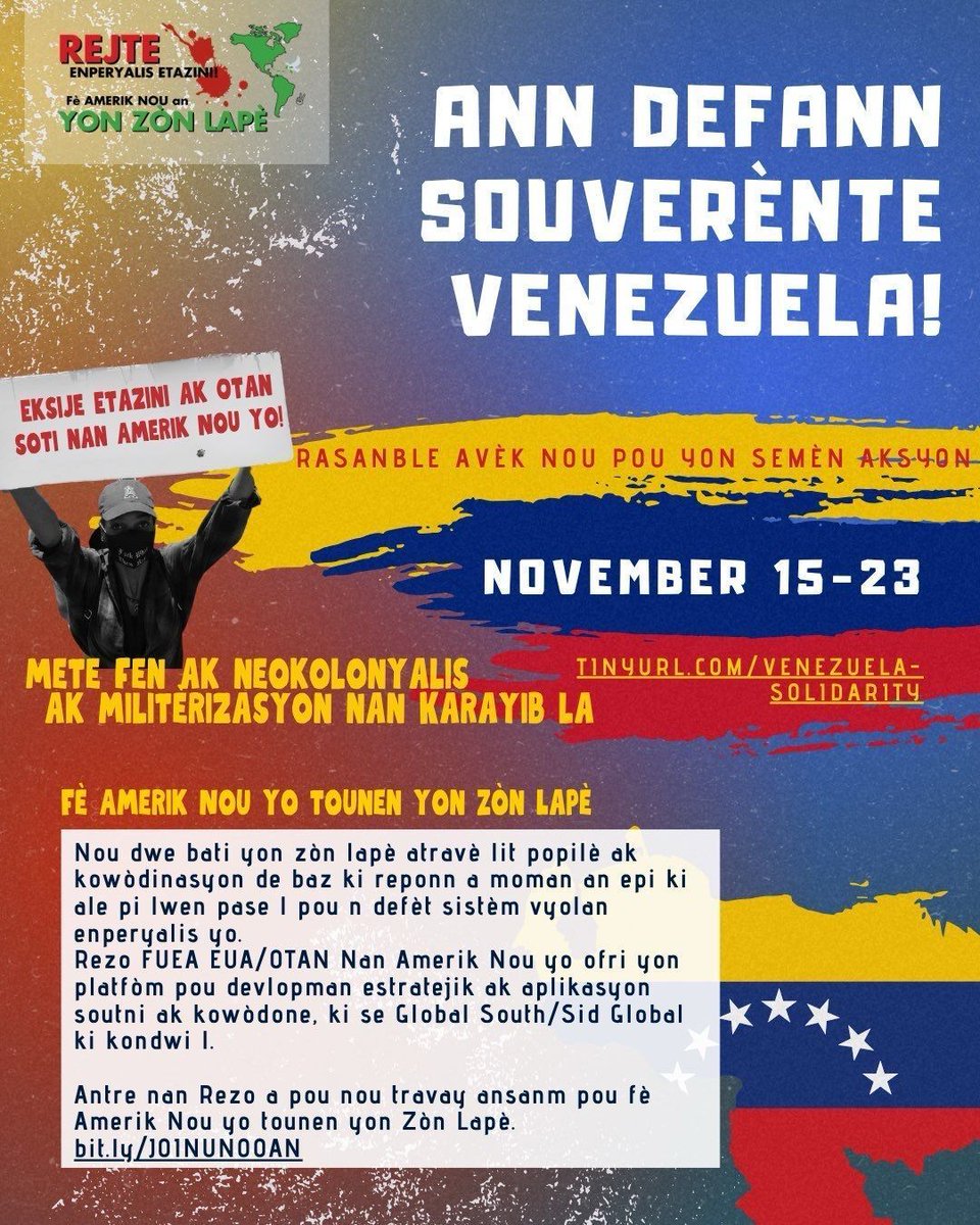Blacks4Peace's tweet photo. The Week of Action to Defend Venezuela's Sovereignty has kicked off! 

BAP has joined with 33+ organizations calling all antiwar, peace and justice, union and solidarity activists calling for local actions, large and small, during the week of November 15 – 23. https://t.co/eMlNYlH3IX