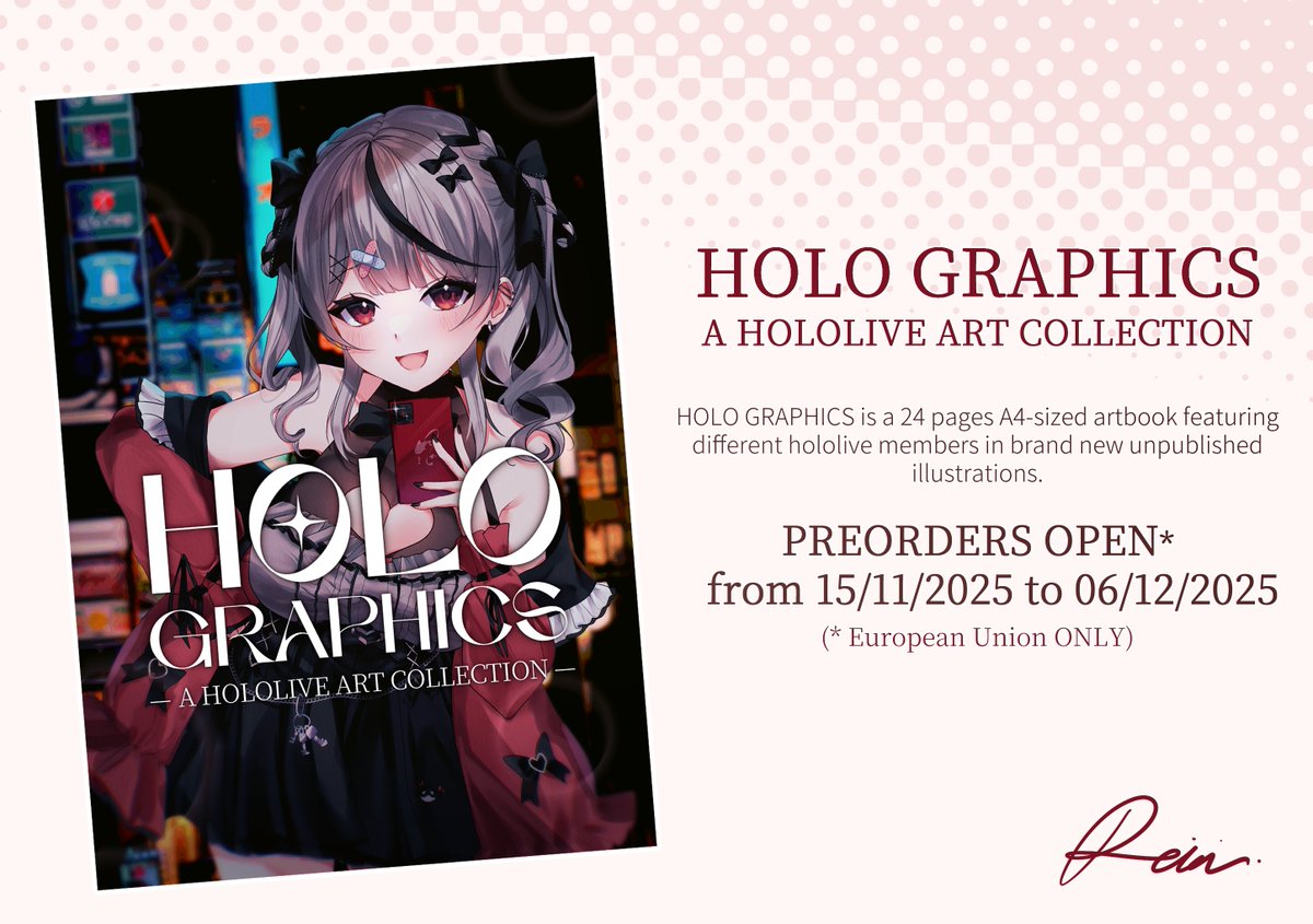 Reinith's tweet image. ✨ I AM PUBLISHING MY VERY FIRST ARTBOOK!! ✨
🖼️ HOLO GRAPHICS : A hololive Art Collection

So far you can only preorder it from the European Union, from today until December 6th 2025.

🔴 Preorder forms are in replies!!