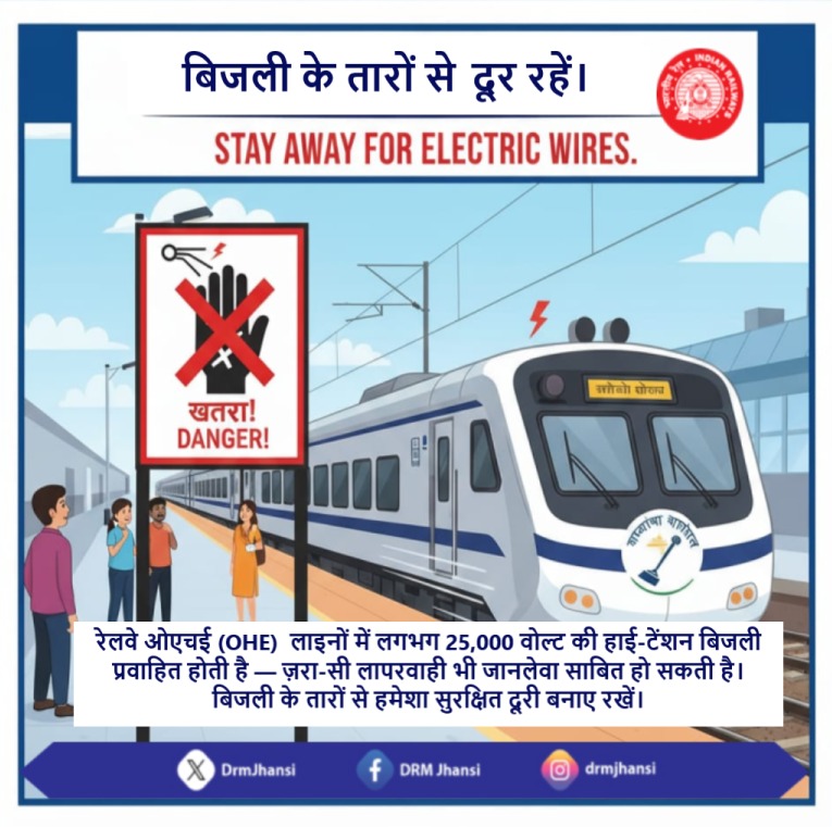 DrmJhansi's tweet image. सुरक्षित दूरी बनाकर रखें।
 प्लेटफ़ॉर्म पर ही रहें और हाई-वोल्टेज तारों से दूर रहें। बिजली के तार दूर दिख सकते हैं, लेकिन ख़तरा हमेशा पास ही रहता है—सतर्क रहें।
#StaySafe #RailwaySafety #ElectricHazard #NCRailway #SafetyMatters #AlertAlways