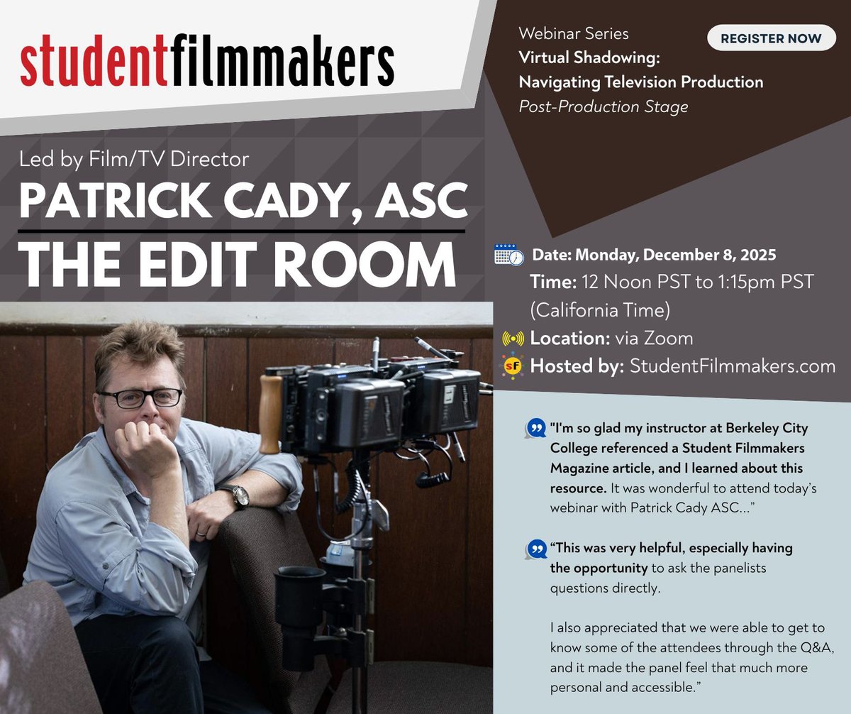 Join our Virtual Shadowing webinar: Navigating Television Production – Post-Production Stage with Emmy-nominated Director + Cinematographer Patrick Cady, ASC.

Limited spots – register now: zurl.co/cr064