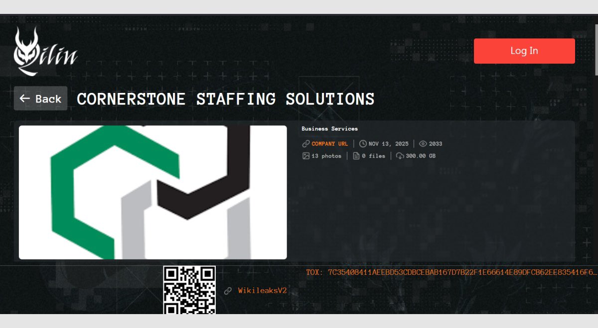 abdul__alamri's tweet image. 🚨 مجموعة الفدية «Qilin» تستهدف شركة التوظيف الأمريكية  Cornerstone 🇺🇸 وتسرب 120 ألف سيرة ذاتية. 

🔹 المجموعة تدّعي أنها سرقت أكثر من 120,000 سيرة ذاتية من وكالة التوظيف، إلى جانب بيانات داخلية ضخمة (حوالي 300 GB) تحتوي على أسماء، أرقام تأمين اجتماعي، عناوين بريد إلكتروني،…