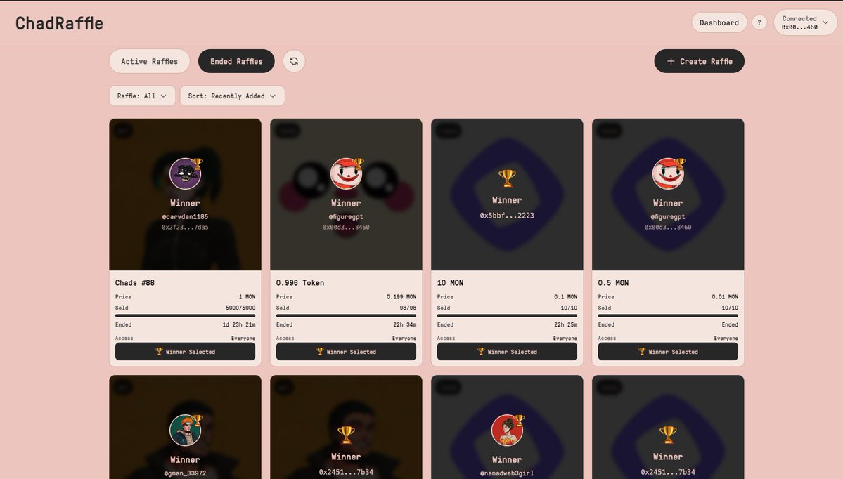 🔥 CHADS FIRE OFFER 🔥

You don’t need to build your own raffle system. We already made one for you.

You'll be able to create gated raffles for your Token/NFT holders on Monad Day 1
