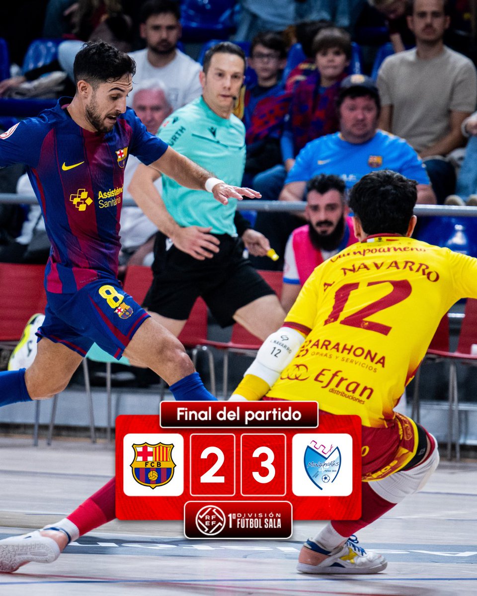 𝗝𝗼𝗿𝗻𝗮𝗱𝗮 𝟭𝟬 #PrimeraDivisiónFS | ¡Final del partido!

🔚 <a href="/FCBfutbolsala/">Barça Futbol Sala</a> 2-3 <a href="/ManzanaresFS/">ManzanaresFútbolSala</a>. 

⚽️ 1-0 Matheus.
⚽️ 1-1 Pablo Robles.
⚽️ 1-2 Humberto.
⚽️ 2-2 Antonio.
⚽️ 2-3 Khalid. 

#BarçaManzanares | #FutsalRFEF.