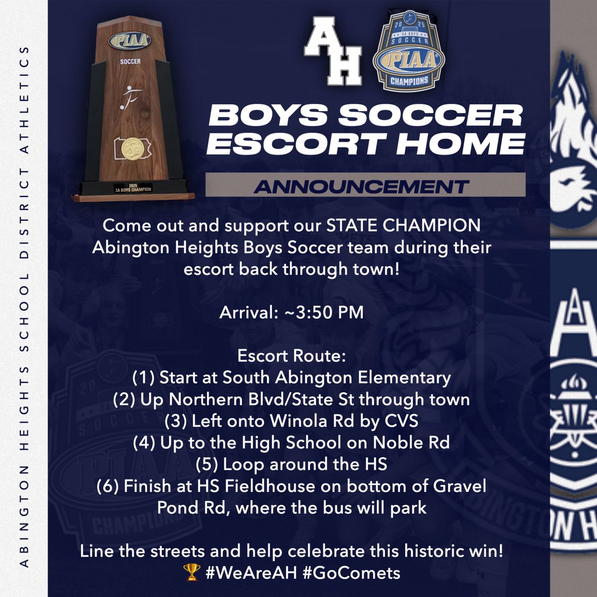 HAPPENING SOON: Welcome Home Our STATE CHAMPION Comets!

Come out and support our STATE CHAMPION Abington Heights Boys Soccer team as they return home this afternoon.

Estimated Arrival: 3:45 PM

We invite the community to line the streets &amp; celebrate this historic achievement!