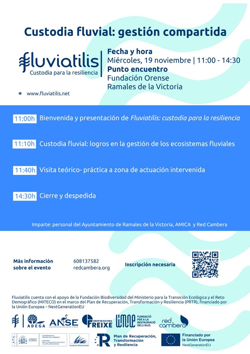 RamalesInforma's tweet image. 💧 FORMACIÓN TEÓRICO-PRÁCTICA
&quot;Custodia fluvial: gestión compartida&quot; Visitaremos una de las zonas de actuación del proyecto Fluviatilis para conocer los resultados alcanzados.
📅 Miércoles 19 de noviembre 2025, de 11:00 a 14:30 h.

🖋️ Inscripciones 👉 bit.ly/4oCHnkJ