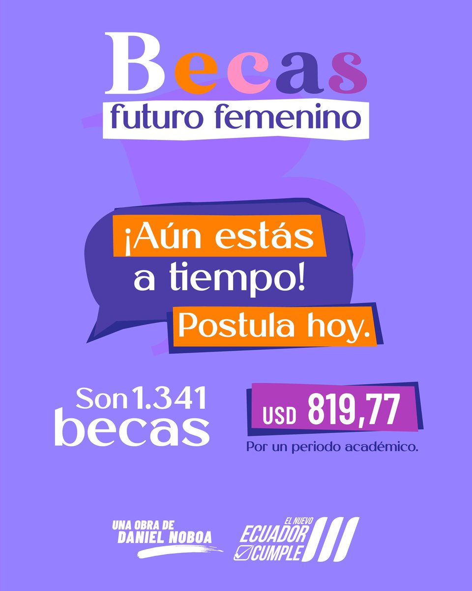 👩🏻👩🏽‍🦱👱‍♀️ ¡Aún estás a tiempo! Postula al programa de becas “Futuro Femenino”, el registro es hasta hoy, 15 de noviembre. 🗓️ 

🤝 #ElNuevoEcuadorCumple con el talento femenino y pone a disposición 1.341 becas para fortalecer tu formación técnica y tecnológica. ✅

🔎 Más información